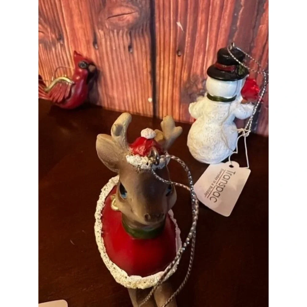 Set Of 3 Transpac Holiday Ornaments:‎ Reindeer Snowman & Cardinal